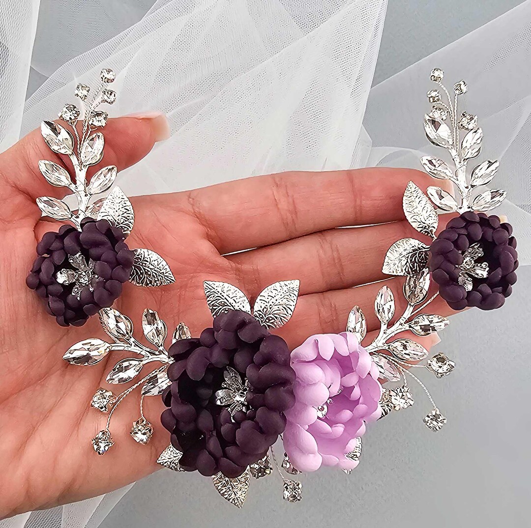 Purple Lilac Wedding Hair Accessory - Comb With Crystals and  display picture 1