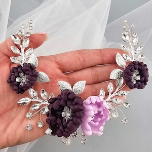 Purple Lilac Wedding Hair Accessory - Comb with Crystals and Purple & Violet Silk flowers - Purple Lilac flower Hair Clip, Prom Hairpiece