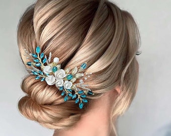 Turquoise Bridal Hair Comb with Turquoise Crystals and flowers Turquoise Crystal Hair Comb for Wedding Brides
