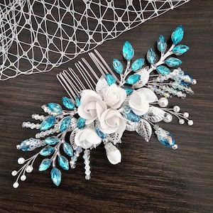 Turquoise Bridal Hair Comb with Turquoise Crystals and flowers Turquoise Crystal Hair Comb for Wedding Brides