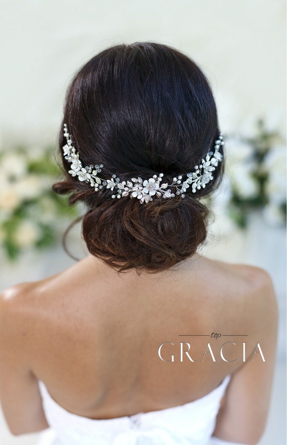 HELEN White Flower Long Bridal Hair Vine With Crystals And Pearls by  TopGracia