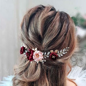Burgundy Blush Hair piece Bugundy hair piece Bugundy Hair flower Wedding headpiece Burgundy Hair Comb Burgundy hair vine Marsala hairpiece