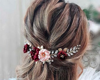 Burgundy Blush Hair piece Bugundy hair piece Bugundy Hair flower Wedding headpiece Burgundy Hair Comb Burgundy hair vine Marsala hairpiece