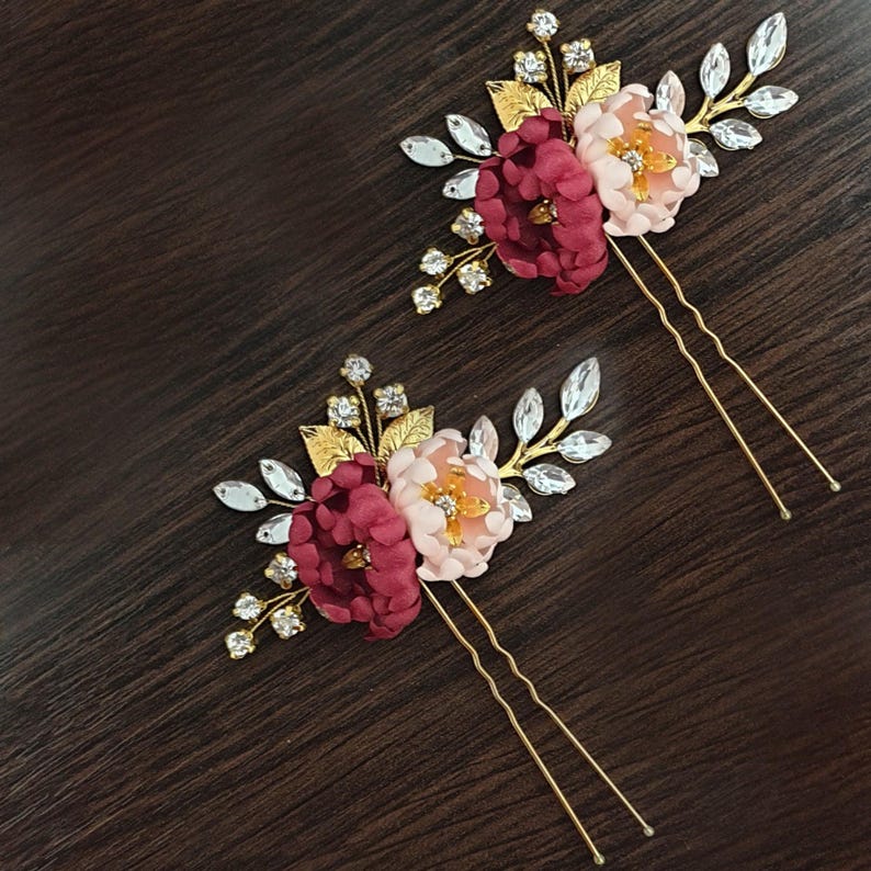 Burgundy Blush silk flower hair pins Burgundy Blush Wedding accessories Burgundy Wedding Bridesmaid hairpiece Floral hair pins Dark red pins image 2