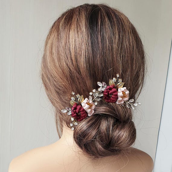 Burgundy silk flower hair pins Burgundy rosebud hair pin Burgundy Wedding Bridesmaid hair accessories Floral hair pins Dark red hair piece