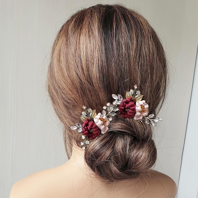 Burgundy Blush silk flower hair pins Burgundy Blush Wedding accessories Burgundy Wedding Bridesmaid hairpiece Floral hair pins Dark red pins image 1