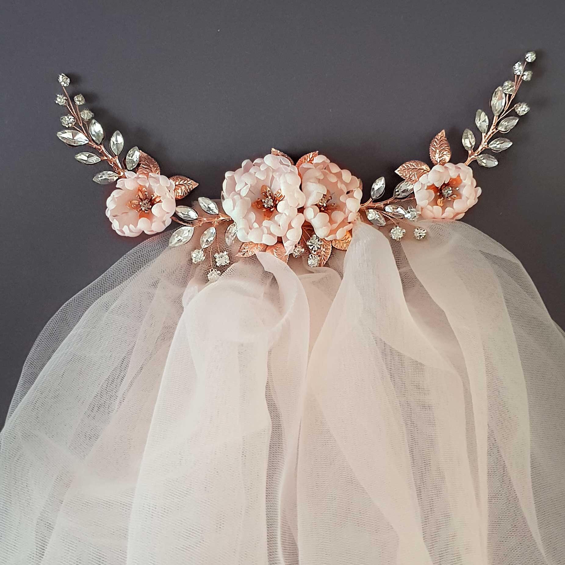 Rose Gold Bridal Hair Comb and Veil Wedding Veil and  display picture 3