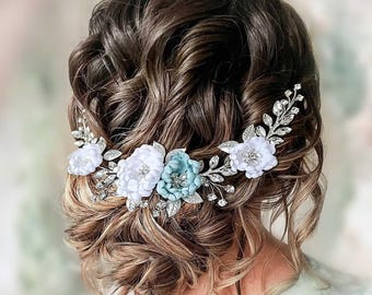 Turquoise Bridal Hair Comb with Crystals and White/Ivory Mint flowers Turquoise Crystal Hair Comb for Wedding Brides