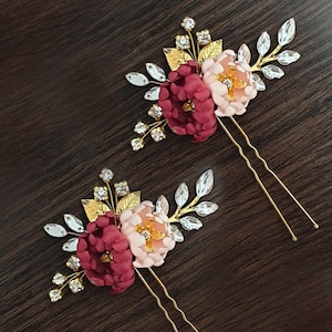 Burgundy silk flower hair pins Burgundy rosebud hair pin Burgundy Wedding Bridesmaid hair accessories Floral hair pins Dark red hair piece