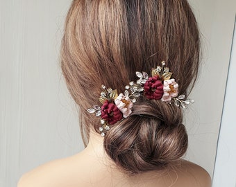 Burgundy Blush silk flower hair pins Burgundy Blush Wedding accessories Burgundy Wedding Bridesmaid hairpiece Floral hair pins Dark red pins