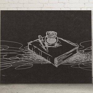 May include: A black and white illustration of a closed book, an inkwell, and a quill pen on a dark background.