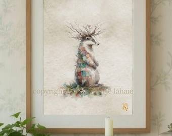 Mythic Watercolor Badger Print – Whimsical Woodland Folk Art Wall Decor
