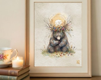 Mythic Watercolor Whimsical Bear Painting – Folk Animal Art Print -  Custom Cottage Wall Decor