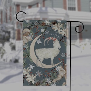 Yule Goat Moon Garden Flag - Folk Yule Julbock Winter Banner Decoration