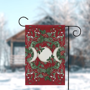 Yule Garden Flag Red Holly Triple Moon Banner Sign Winter Solstice Witch Pagan Wicca Decor