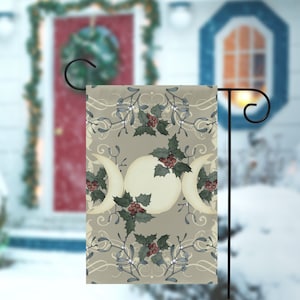 Yule Garden Flag Vintage Triple Moon Mistletoe Botanical Winter Solstice Yard Banner Sign Witch Pagan Wicca Decor