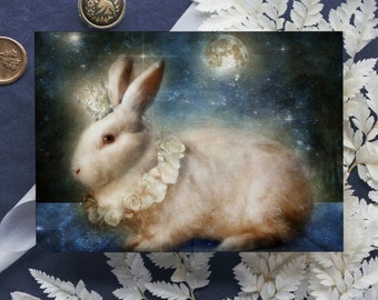 White Rabbit Moon Card Fantasy Hare Moon Fairy Tale Mythic Unique Blank Notecard