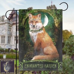 Enchanted Garden Flag With Fancy Mythic Fox, Fantasy Fox Jeweled Garden Flag, Mythology Lover Gift, Garden Lover Gift