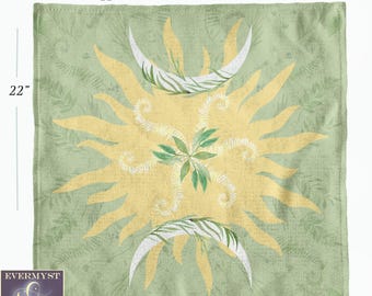 Mantel cuadrado verde para altar / Textil decorativo con diseño de sol, luna y hojas de verano / Tapete para lectura de tarot / Decoración para espacios sagrados