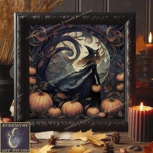 Witch Fall Art, Fall Witch Artwork, Witch Pumpkins Picture, Cottage core Witch Art, Witch Painting, Elegant Witch Art, Witch Print