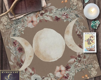Altar Cloth | Woodland Triple Moon Flowers Display Cloth | Cottage Witch Decor