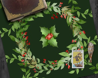 Holly Yule Altar Cloth, Tarot Cloth, Dark Evergreen Wreath