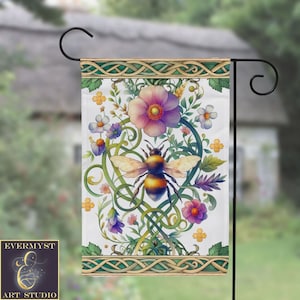 Keltische Bienen-Gartenfahne - Sommer-Sonnenwende-Bienenblumen, Hofbanner