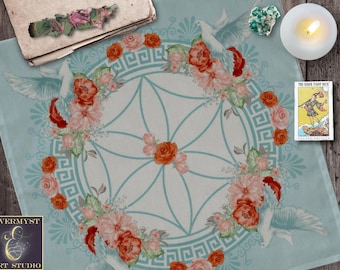 Aphrodite Altar Cloth | Goddess Symbol Tarot Mat, Floral Dove Shrine Decor