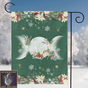 Yule Triple Moon Green and Red Poinsettia Garden Flag Witch Pagan Wicca Winter Solstice Decor