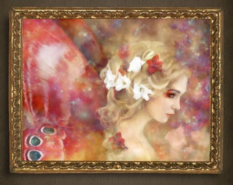 Flower Fairy Fantasy Wall Art Print Realistic Mythic Faerie Painting Red and Gold