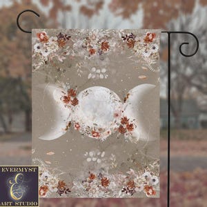 Bandera de jardín de triple luna otoñal – Bandera de jardín otoñal de bruja pagana botánica para el jardín