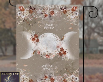 Autumn Triple Moon Garden Flag – Botanical Witch Pagan Fall Yard Banner