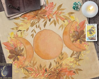 Triple Moon Autumn Table Topper – Harvest Glow Wiccan Textile Mat