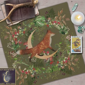 Nappes d'autel, nappes de tarot, décoration bois de la forêt des sorcières des cottages, renard lune, décoration du solstice d'été, tapis de lecture de tarot