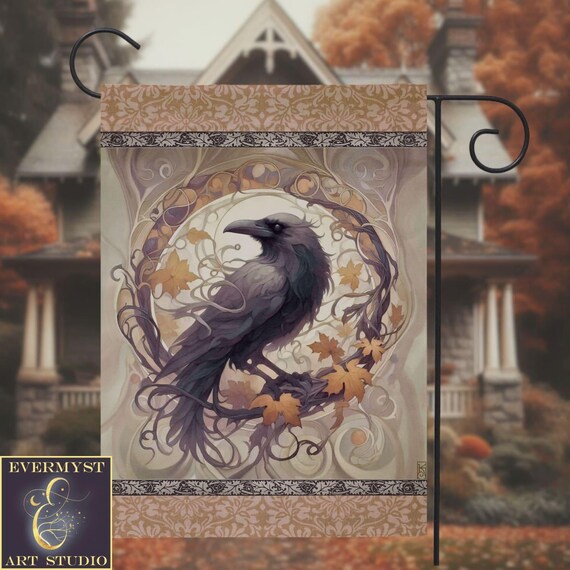 Crow Halloween Flag, Samhain Fall Garden Flag, Cottagecore Crow Boho Halloween Banner Decoration