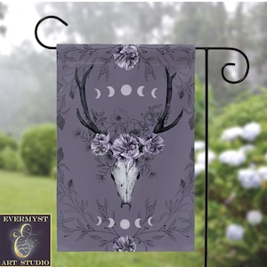 Floral Skull Moons Garden Flag, Botanical Pagan Decor, Witch Decor, Witch Garden Flag