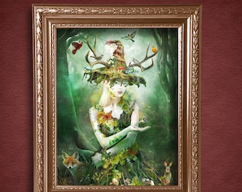 Woodland Nature Goddess Art Print, Elen Of The Ways, Celtic Goddess Art, Woodland Witch