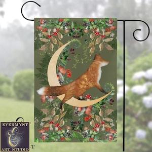 Forest Fox Moon Garden Flag - Green Folk Woodland Cottage Animal Yard Banner Sign