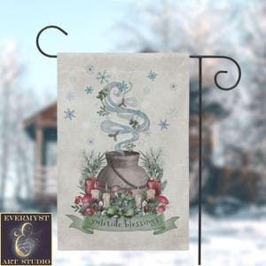Yuletide Blessings Garden Yard Flag. Yule Banner Nature Magical Whimsical Cute Winter Decor.