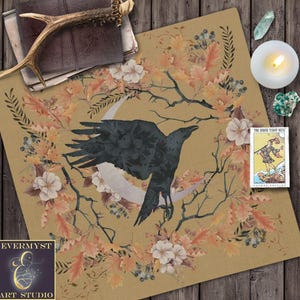 Altar Cloth, Tarot Cloth, Cottage Crow Harvest Moon Woodland Nature Fall Decoration, Samhain Autumn Decoration, Cottage Witch Vibe