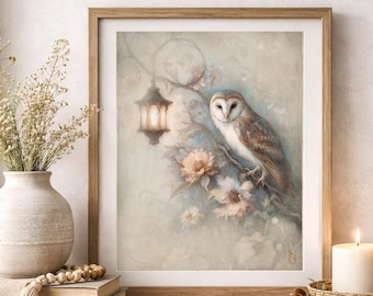 Ethereal Garden Owl Painting – Enchanted Cottage Art Print
