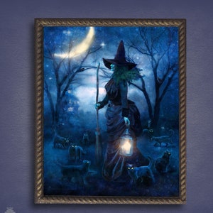 Witch Painting Gothic Dark Forest Halloween Decor - Witchy Samhain Halloween Canvas Art Print