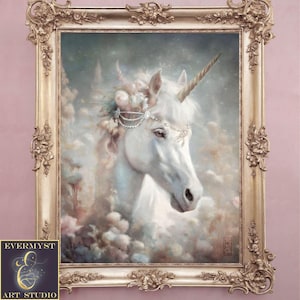Unicorn Painting, Fantasy Unicorn Art, White Unicorn Flowers Canvas Print, Fairy Tale Mythical Creature Artwork