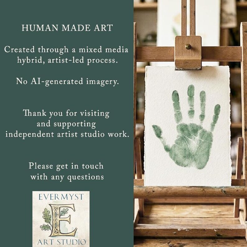The image is a promotional poster for a human-made art studio. It features a handprint on a piece of paper, which is displayed on an easel. The poster includes text that describes the studio as a mixed media artist-led process, and it mentions that no AI-generated imagery is used. The studio is also described as an independent artist studio, and it encourages visitors to get in touch with any questions. The studio's logo is also visible in the image.