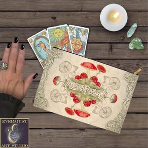 Pochette de tarot, sac de tarot à fermeture éclair champignon champignon vénéneux vintage design sorcière wicca païen décor pochette de tarot à fermeture éclair