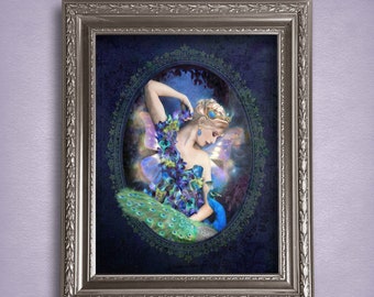 Faerie Art Print Painting Magic Fairy with Peacock Art Fantasy Fairy Tale Theme Wall Decor