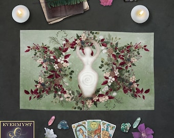Winter Greens Goddess Altar Cloth – Pagan Tarot & Ritual Textile (18x30 inches)