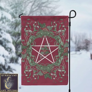 Yule Pentagram Gartenfahne - Dekoration mit heidnischer Hexe, Stechpalme & Mistel