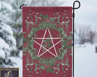 Yule Pentagram Garden Flag - Pagan Witch Decor, Holly & Mistletoe