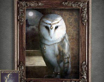 Arte de búhos, arte mítico, arte fantástico, pintura de búhos, impresión de búhos, arte de Dark Academia